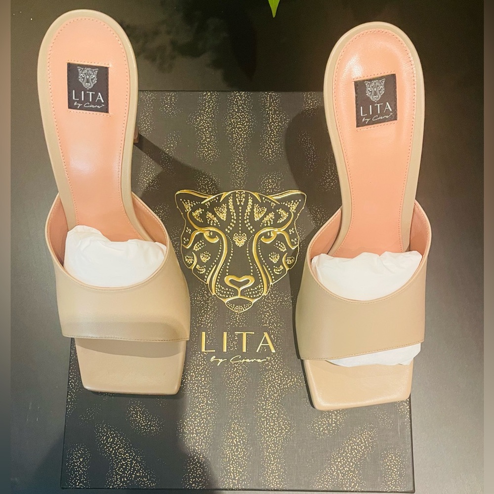 LITA by Carmine Nude Square-Toe Slide Heels